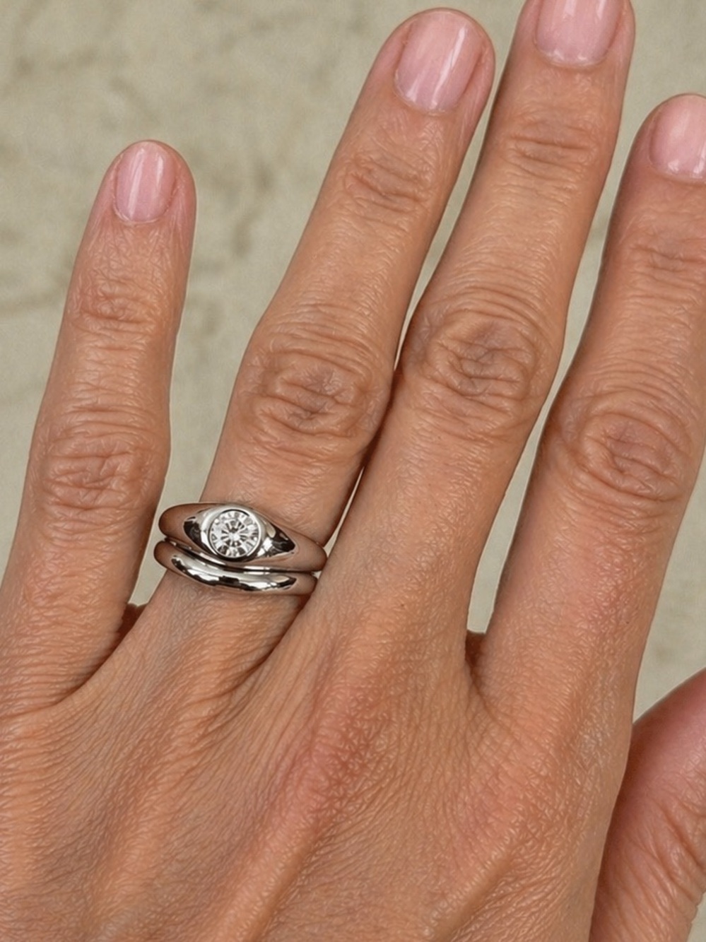 19K White Gold Custom Bridal Set | Bezel Set Diamond Ring & Contoured Fit Band